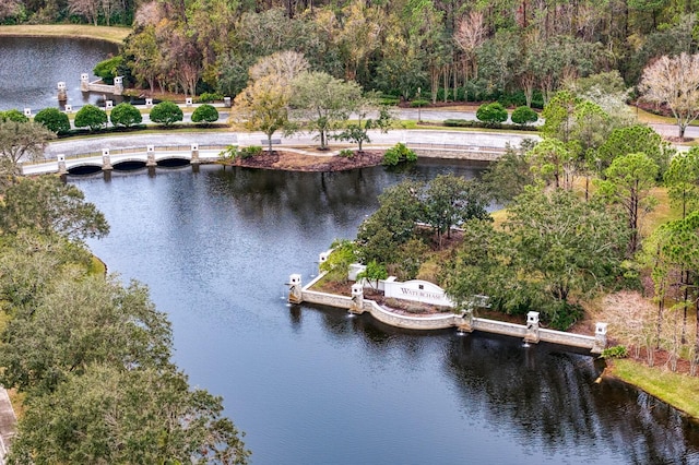 aerial view featuring a water view