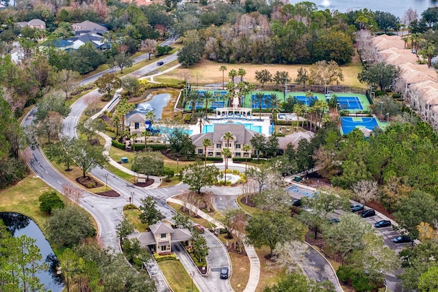 drone / aerial view with a water view