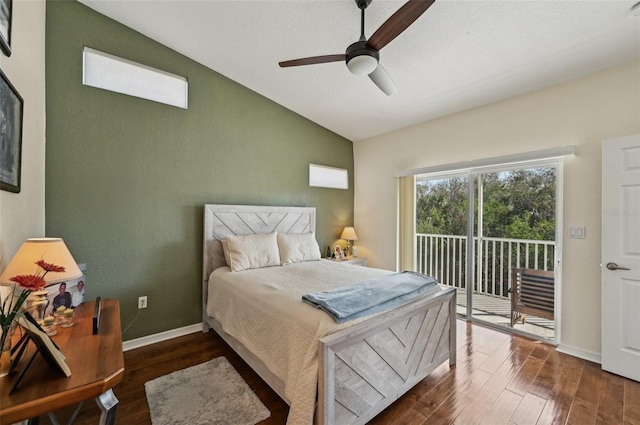 bedroom featuring ceiling fan, lofted ceiling, dark hardwood / wood-style flooring, and access to outside