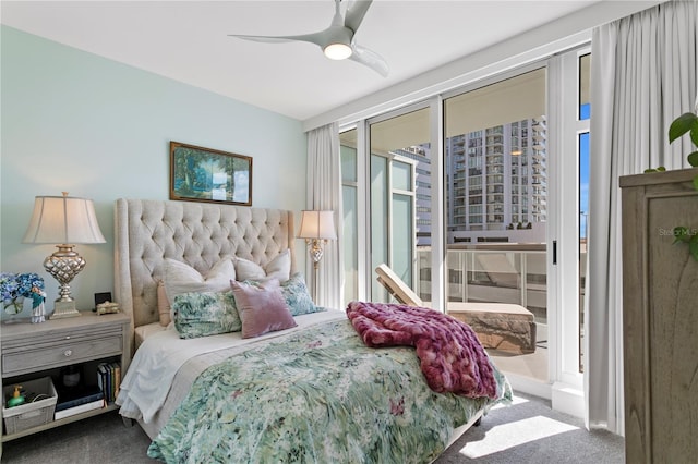 bedroom featuring carpet floors, ceiling fan, and access to outside