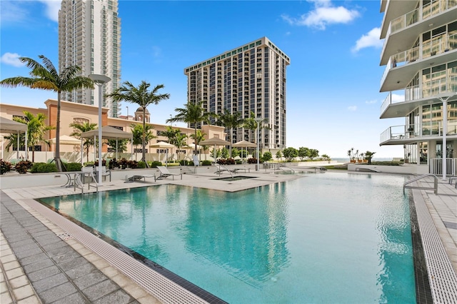 view of swimming pool featuring a patio