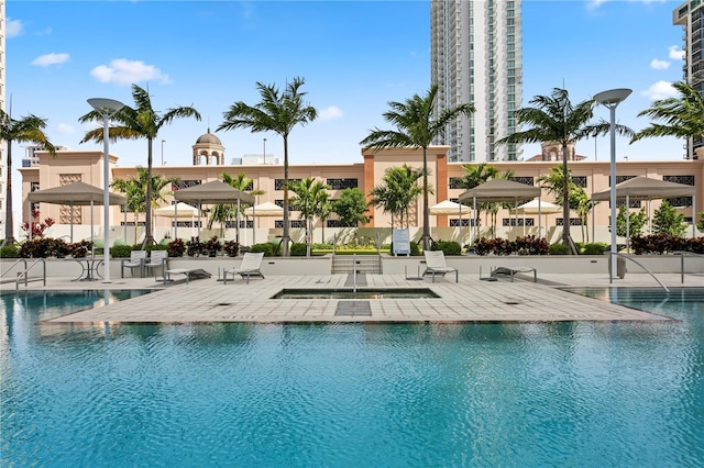 view of swimming pool with a patio