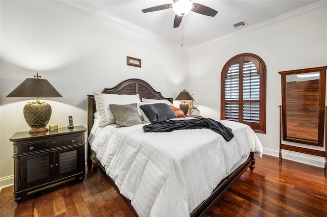 2186 Rockledge Dr, Rockledge, FL 32955 - bedroom featuring ceiling fan, crown molding, and dark hardwood / wood-style floors