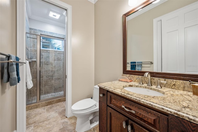 2186 Rockledge Dr, Rockledge, FL 32955 - bathroom featuring toilet, vanity, crown molding, and a shower with shower door