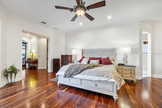 2186 Rockledge Dr, Rockledge, FL 32955 - bedroom with ornamental molding, dark hardwood / wood-style floors, and ceiling fan