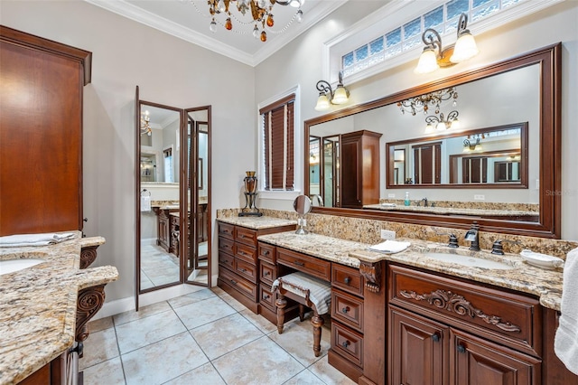 2186 Rockledge Dr, Rockledge, FL 32955 - bathroom with an inviting chandelier, crown molding, tile patterned flooring, and vanity
