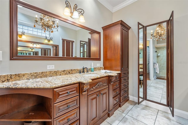 2186 Rockledge Dr, Rockledge, FL 32955 - bathroom with a chandelier, crown molding, tile patterned flooring, and vanity