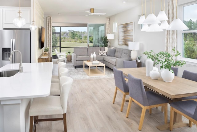 dining area featuring sink and light wood-type flooring