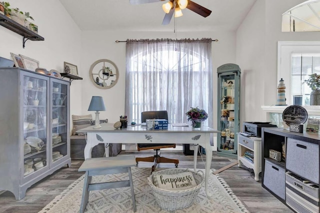 home office with vaulted ceiling, wood finished floors, and a wealth of natural light