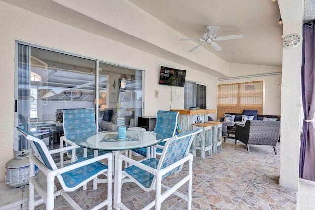 view of patio featuring ceiling fan, an outdoor hangout area, and outdoor dining area