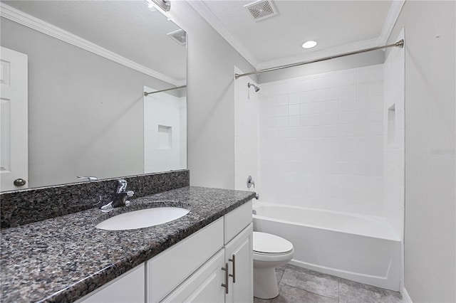 full bathroom featuring vanity, shower / washtub combination, ornamental molding, and toilet