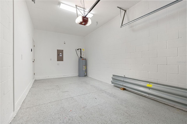 garage featuring a garage door opener, electric panel, and water heater