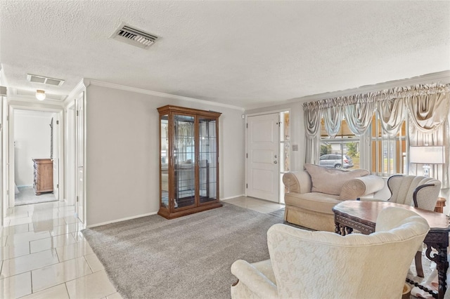 carpeted living room featuring crown molding and a textured ceiling