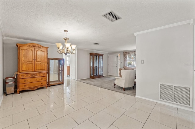 interior space featuring light tile patterned floors, ornamental molding, and a chandelier