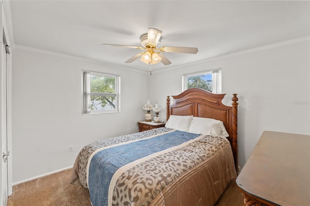 bedroom with multiple windows, crown molding, carpet floors, and ceiling fan