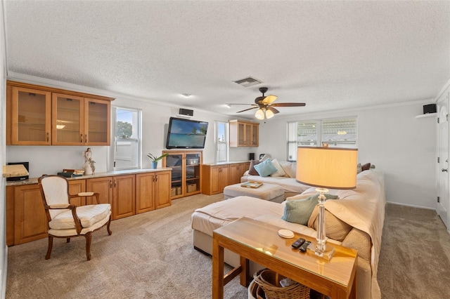 living room featuring ornamental molding, light colored carpet, and a textured ceiling