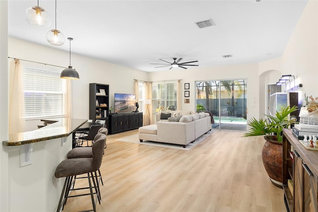 living room featuring light hardwood / wood-style flooring and ceiling fan