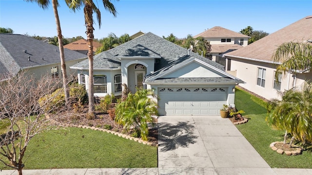 view of front of home featuring a garage and a front lawn