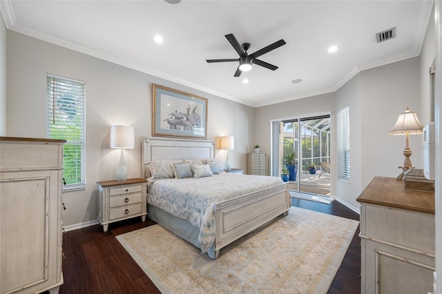 bedroom featuring ceiling fan, crown molding, access to exterior, and dark hardwood / wood-style floors