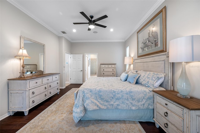 bedroom with ensuite bathroom, ceiling fan, dark wood-type flooring, and ornamental molding