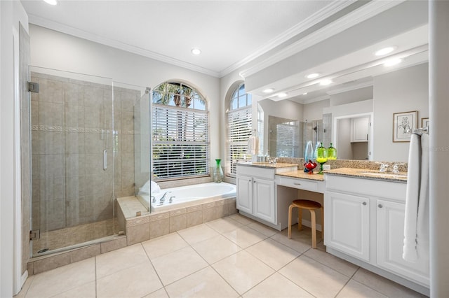 bathroom featuring ornamental molding, vanity, tile patterned flooring, and independent shower and bath