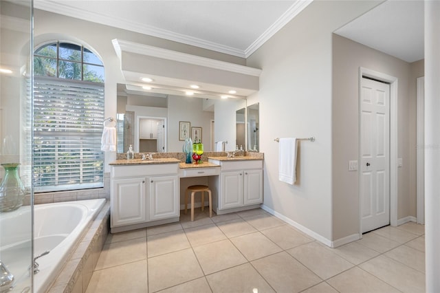 bathroom featuring ornamental molding, vanity, plenty of natural light, and tile patterned flooring