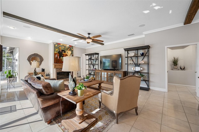 tiled living room featuring ceiling fan and ornamental molding