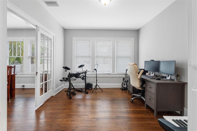 office area with french doors and dark wood-type flooring