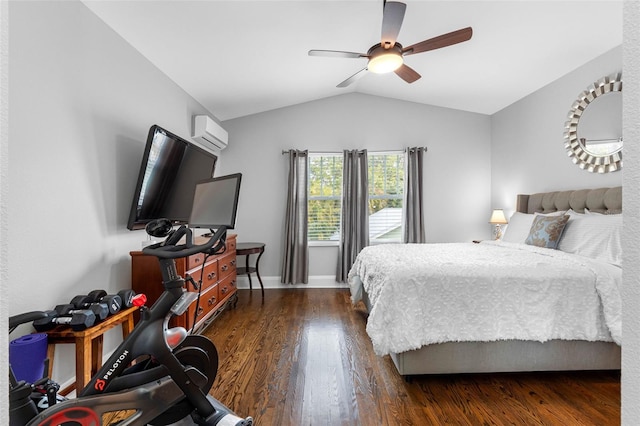 bedroom with dark hardwood / wood-style floors, vaulted ceiling, an AC wall unit, and ceiling fan