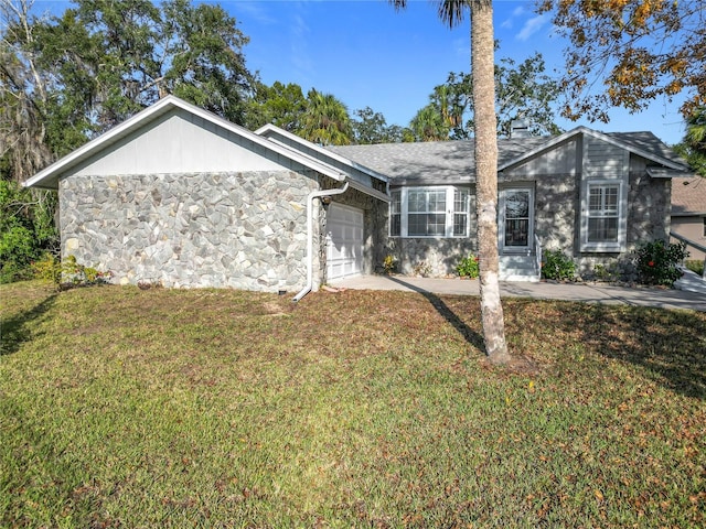 ranch-style house with a garage, a shingled roof, stone siding, concrete driveway, and a front lawn