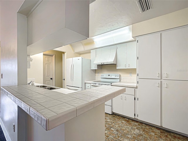 kitchen featuring white appliances, white cabinetry, a sink, and visible vents