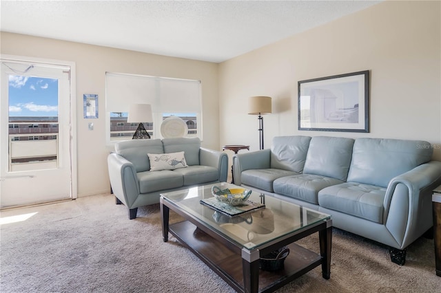 living area with a textured ceiling and carpet