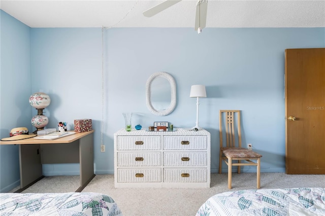 bedroom with baseboards, ceiling fan, and light colored carpet