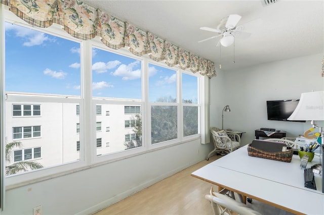 office featuring visible vents, wood finished floors, and a ceiling fan