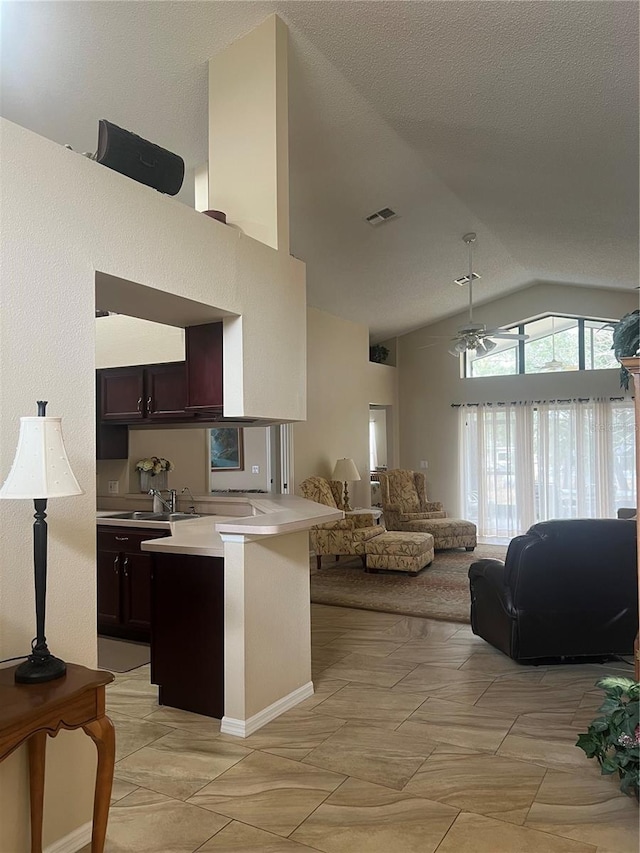 kitchen featuring vaulted ceiling, sink, dark brown cabinetry, and kitchen peninsula