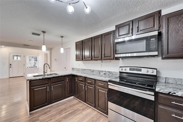 kitchen featuring sink, appliances with stainless steel finishes, hanging light fixtures, kitchen peninsula, and light wood-type flooring