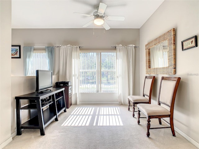 living area featuring ceiling fan and carpet flooring