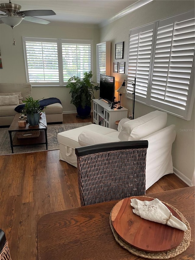 living area featuring ceiling fan, wood finished floors, baseboards, and ornamental molding