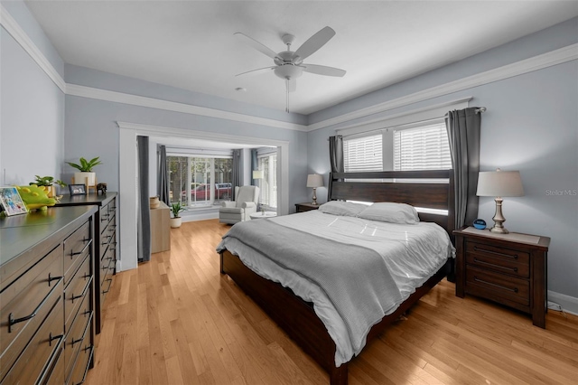 bedroom featuring ceiling fan and light wood-type flooring