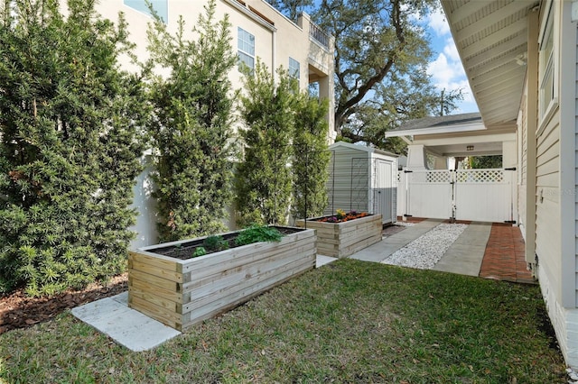 view of yard featuring a storage unit