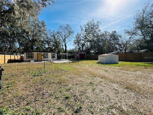 view of yard featuring a storage unit and a patio area