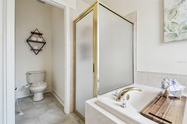 bathroom with tile patterned floors, independent shower and bath, and toilet