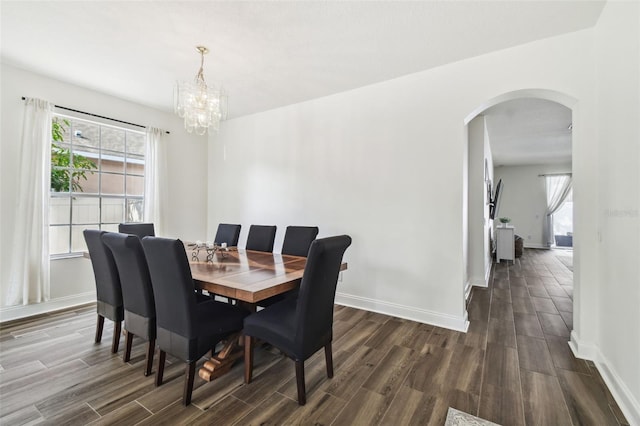 dining room featuring a notable chandelier, dark hardwood / wood-style floors, and a healthy amount of sunlight