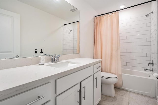 full bathroom with vanity, shower / tub combo, tile patterned floors, and toilet