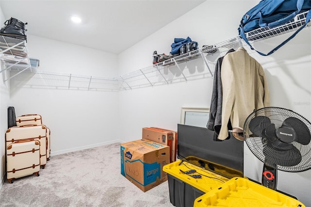 walk in closet featuring light colored carpet