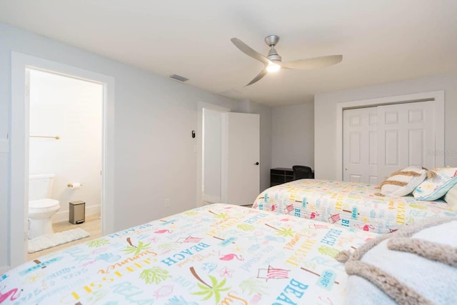 bedroom with connected bathroom, a closet, and ceiling fan