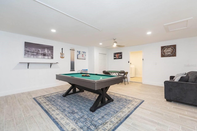 game room with ceiling fan, washer / dryer, light hardwood / wood-style floors, and billiards