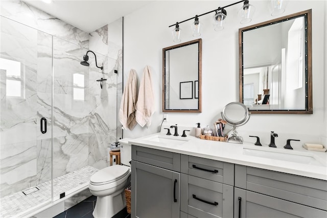 bathroom with vanity, toilet, and a shower with shower door