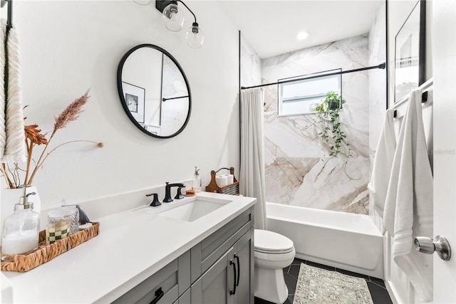 full bathroom with vanity, toilet, and shower / tub combo