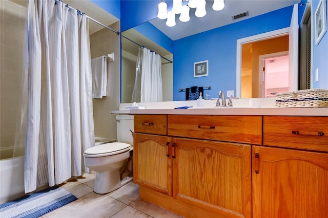 full bathroom featuring shower / bath combo, vanity, tile patterned floors, and toilet